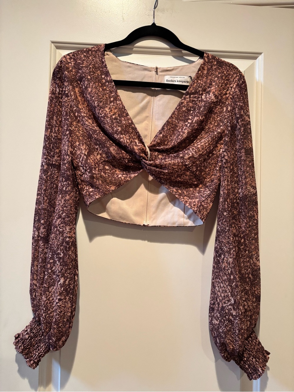 Finders Keepers Mauve Brown Printed Twist-Front Crop Top